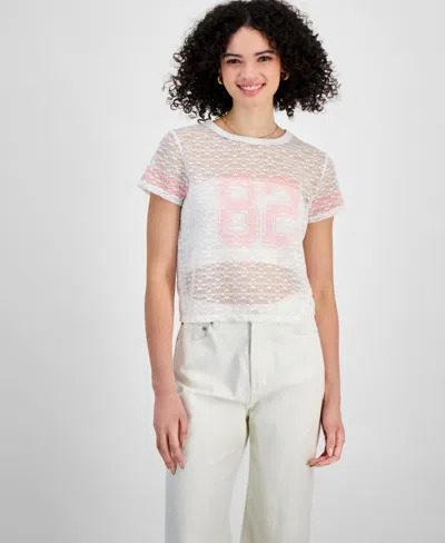 Madden Girl Juniors' Varsity Lace Short-sleeve T-shirt In Bright White