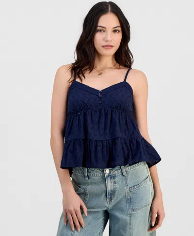 Madden Girl Juniors' V-neck Cotton Eyelet Babydoll Tiered Top In Black