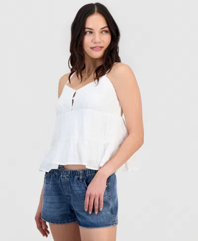 Madden Girl Juniors' V-neck Cotton Eyelet Babydoll Tiered Top In White