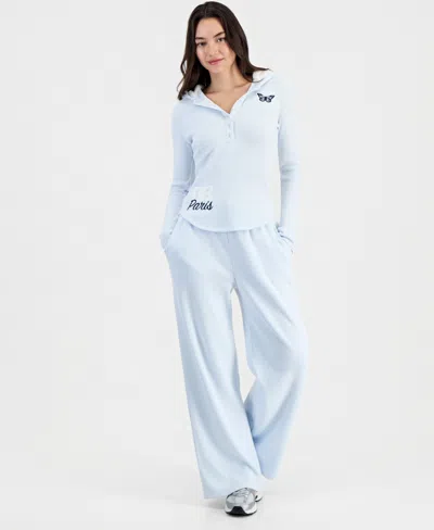 Madden Girl Juniors' Wide Wide-leg Cozy Waffle Knit Pants In Blue