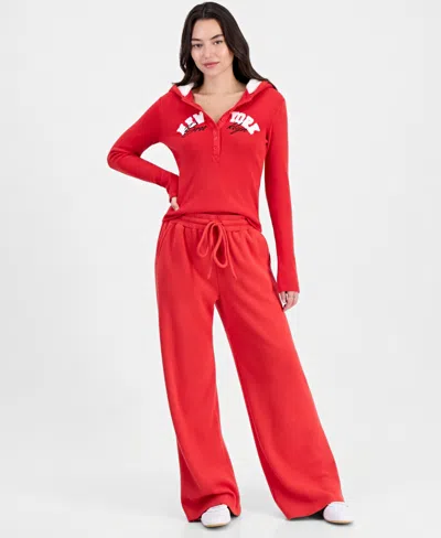 Madden Girl Juniors' Wide Wide-leg Cozy Waffle Knit Pants In Red