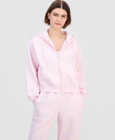 Madden Girl Juniors' Zip-front Printed Pipping Drawstring Hoodie In Neutral