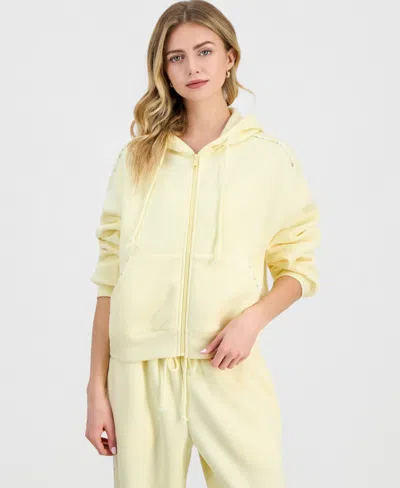 Madden Girl Juniors' Zip-front Printed Pipping Drawstring Hoodie In Gold