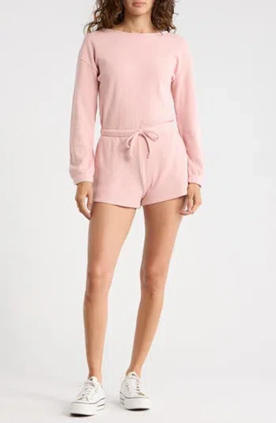 Madden Girl Long Sleeve Ribbed Romper In Pink