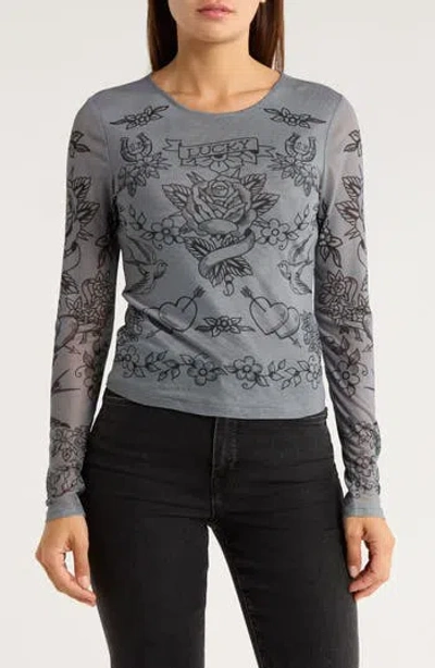 Madden Girl Long Sleeve Tattoo Print Top In Gray