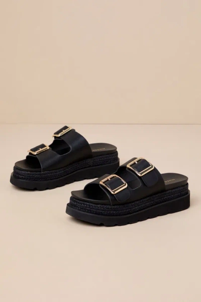 Madden Girl Mythical Black Buckle Raffia Flatform Slide Sandals