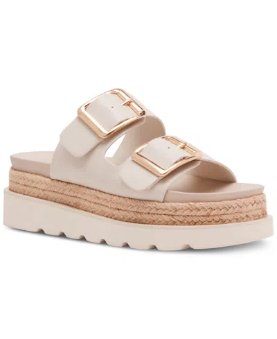Madden Girl Mythiccal Slip-on Buckled Banded Platform Raffia Sandals In Bone