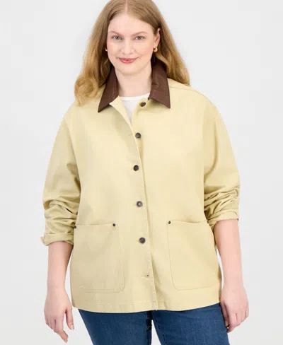 Madden Girl Plus Size Cropped Long-sleeve Faux Leather Collar Barn Jacket In Yellow