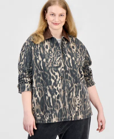 Madden Girl Plus Size Cropped Long-sleeve Faux Leather Collar Barn Jacket In Black