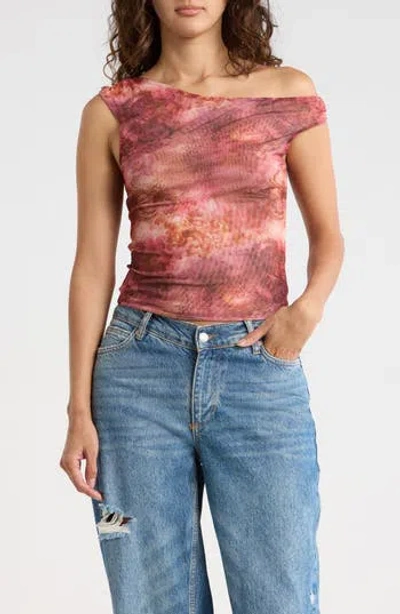 Madden Girl Printed One-shoulder Mesh Top In Red