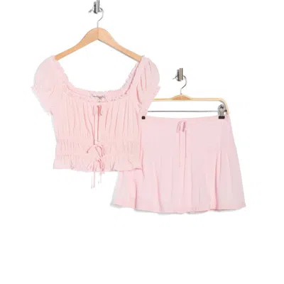 Madden Girl Puff Sleeve Peplum Crop Top & Miniskirt Set In Pink