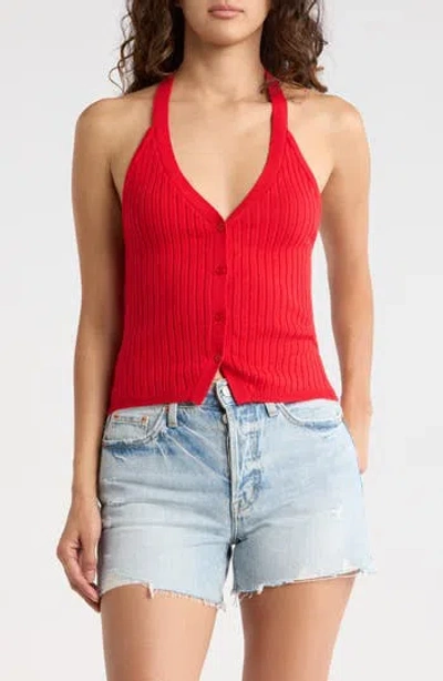 Madden Girl Rib Button-front Halter Top In Red
