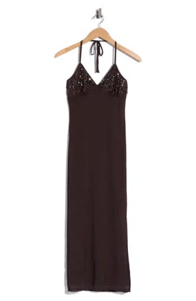Madden Girl Sequin And Beaded Halter Maxi Dress In Brown