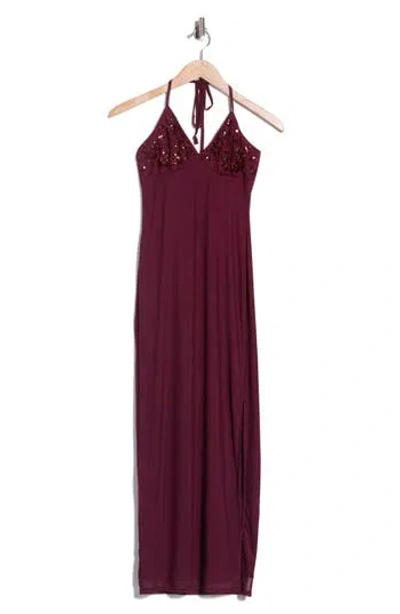 Madden Girl Sequin And Beaded Halter Maxi Dress In Burgundy