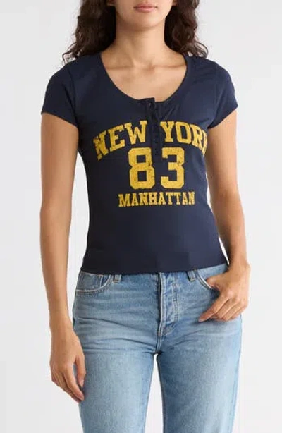 Madden Girl Short Sleeve Graphic Henley Tee In Blue