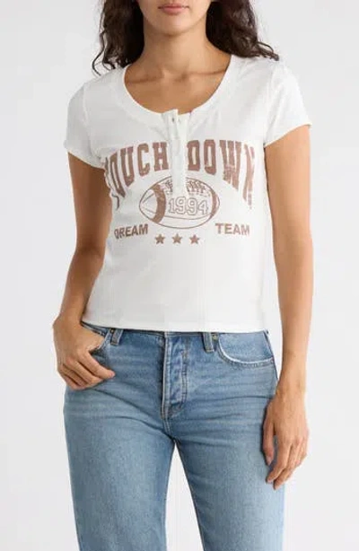 Madden Girl Short Sleeve Graphic Henley Tee In White