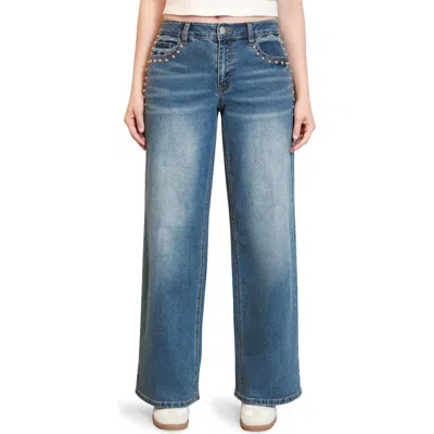 Madden Girl Studded Loose Fit Wide Leg Jeans In Blue