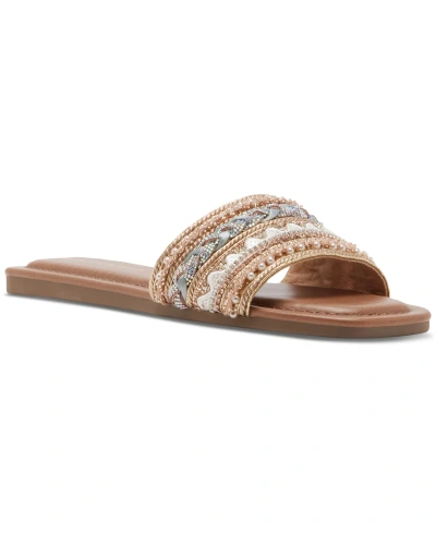 Madden Girl Thread Beaded Square-toe Slide Flat Sandals In Blush Multi