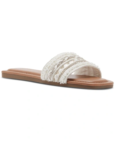 Madden Girl Thread Beaded Square-toe Slide Flat Sandals In White Multi