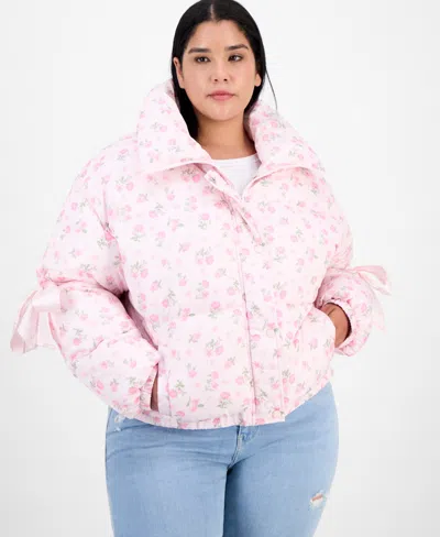 Madden Girl Trendy Plus Rose Bow-sleeve Puffer Jacket In Pink