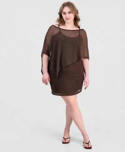 Madden Girl Trendy Plus Size 2-piece Poncho & Mini Dress Set In Brown