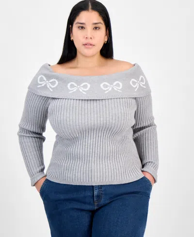 Madden Girl Trendy Plus Size Heart Off-the-shoulder Sweater In Gray