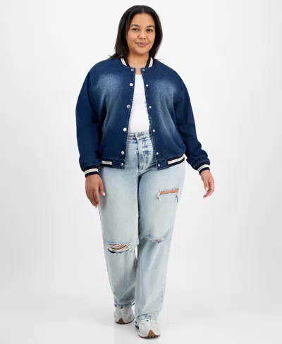 Madden Girl Trendy Plus Size Denim Bomber Jacket In Blue