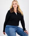 Madden Girl Trendy Plus Size Fur Collared Zip Cardigan In Black