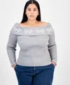 Madden Girl Trendy Plus Size Heart Off-the-shoulder Sweater In Gray