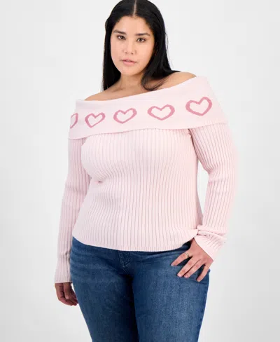 Madden Girl Trendy Plus Size Heart Off-the-shoulder Sweater In Purple