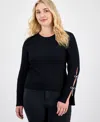 Madden Girl Trendy Plus Size Rhinestone Bow-sleeve Ribbed Sweater In Black