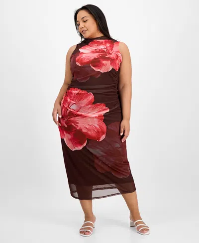 Madden Girl Trendy Plus Size Ruched Floral-print Mesh Dress In Brown