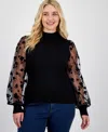 Madden Girl Trendy Plus Size Sheer-sleeve Mock Neck Top In Black