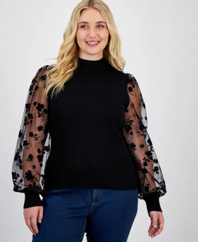 Madden Girl Trendy Plus Size Sheer-sleeve Mock Neck Top In Black