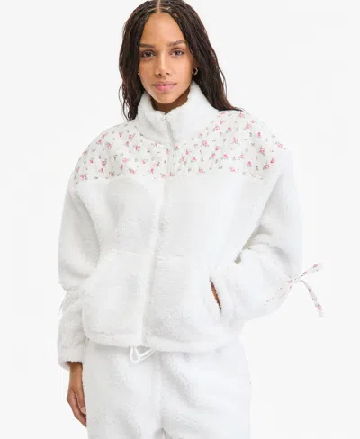 Madden Girl Women's Floral-panel Zip-front Sherpa Jacket In Egret