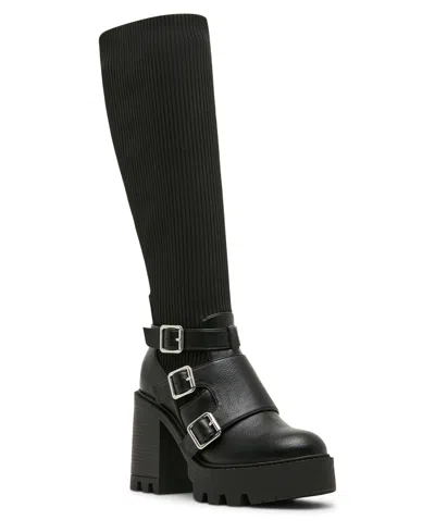 Madden Girl Women's Kuddle Buckle Platform Lug Knit Boots In Black