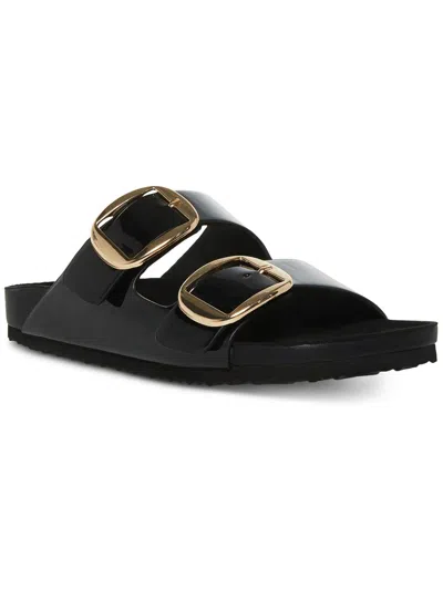 Madden Girl Bodie Buckle Footbed Slide Sandals In Black Box Patent