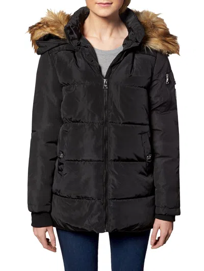 Madden Girl Womens Faux Fur Quilted Puffer Coat In Black