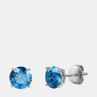 Pre-owned Made By Man 10k Round Created London Blue Birthstone Solitaire Earring (2.00 Ctw)