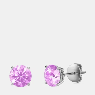 Pre-owned Made By Man 10k Round Created Pink Sapphire Birthstone Solitaire Earring (2.00 Ctw)