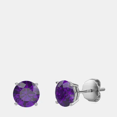 Pre-owned Made By Man 10k White Gold Round Lab Created Amethst Stone Solitaire Earring (2.00 Ctw)