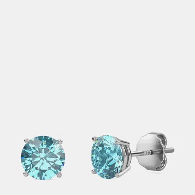 Pre-owned Made By Man 10k White Gold Round Lab Created Aquamarine Stone Solitaire Earring (2.00 Ctw)