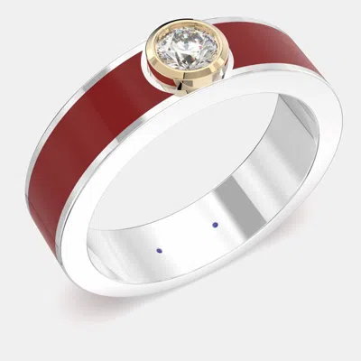 Pre-owned Made By Man 14k Yellow Gold Classic Bright Red Ceramic Round Sterling Silver Lab Grown Diamond Bezel Set Band Us