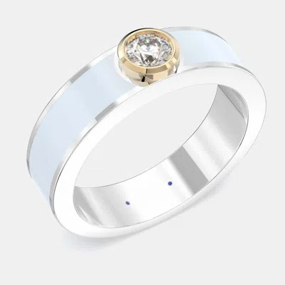 Pre-owned Made By Man 14k Yellow Gold Classic Light Blue Ceramic Round Sterling Silver Lab Grown Diamond Bezel Set Band Us