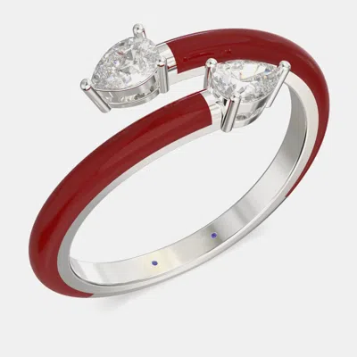 Pre-owned Made By Man Bright Red Ceramic Pear Shaped Classic Bypass Style Sterling Silver Lab Grown Diamond Ring Us 7