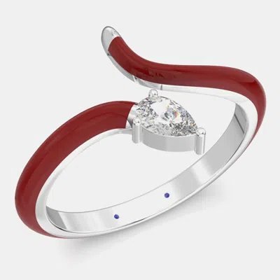 Pre-owned Made By Man Bright Red Ceramic Pear Shaped Contemporary Bypass Sterling Silver Lab Grown Diamond Ring Us 7