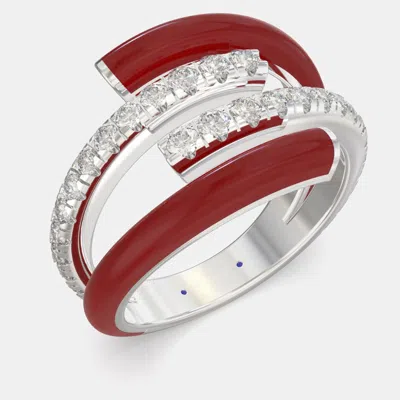 Pre-owned Made By Man Bright Red Ceramic Sterling Silver Lab Grown Diamond Bypass Single Row Accented Ring Us 7