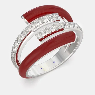 Pre-owned Made By Man Bright Red Ceramic Sterling Silver Lab Grown Diamond Double Bypass Two Row Accented Ring Us 7