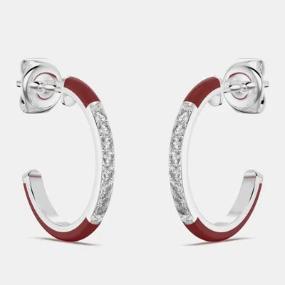 Pre-owned Made By Man Bright Red Ceramic Sterling Silver Lab Grown Diamonds C Hoop Earrings