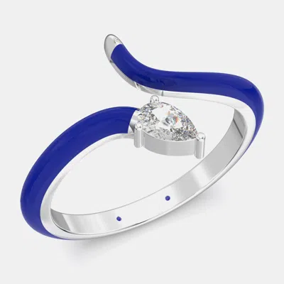 Pre-owned Made By Man Dark Blue Ceramic Pear Shaped Contemporary Bypass Sterling Silver Lab Grown Diamond Ring Us 7